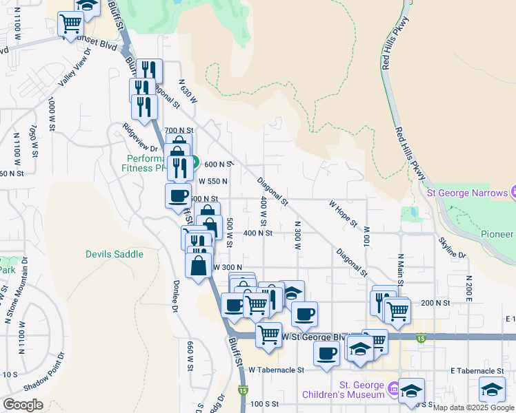 map of restaurants, bars, coffee shops, grocery stores, and more near 485 North 400 West in St. George