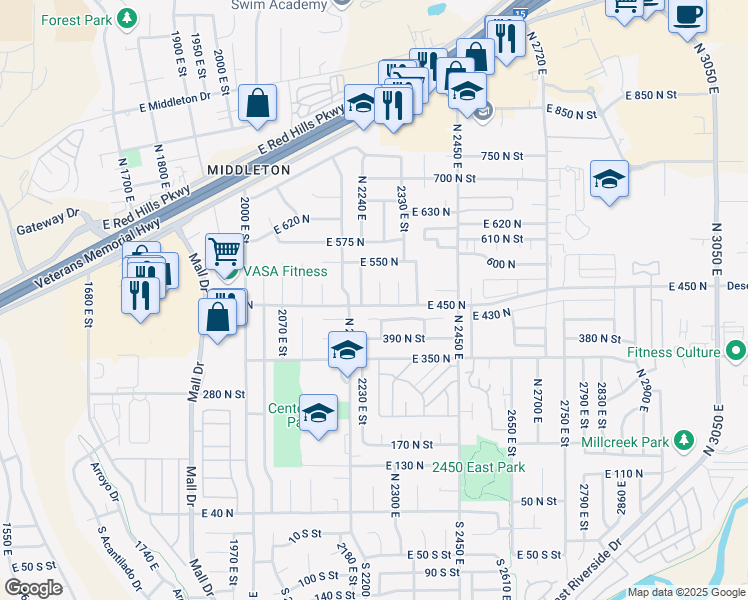 map of restaurants, bars, coffee shops, grocery stores, and more near 463 North 2270 East in St. George