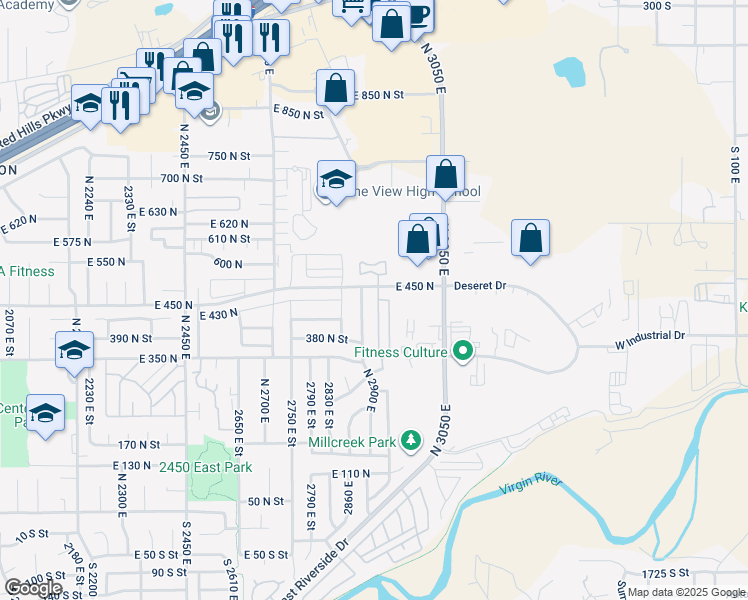 map of restaurants, bars, coffee shops, grocery stores, and more near 2930 East 450 North in St. George