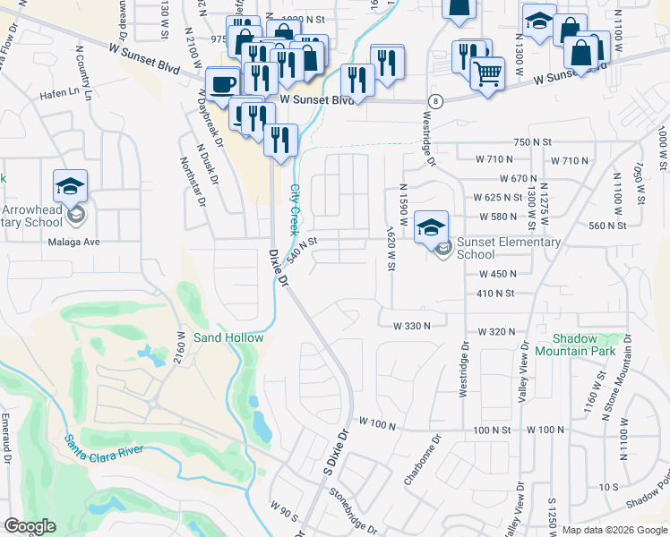 map of restaurants, bars, coffee shops, grocery stores, and more near 1735 West 540 North in St. George