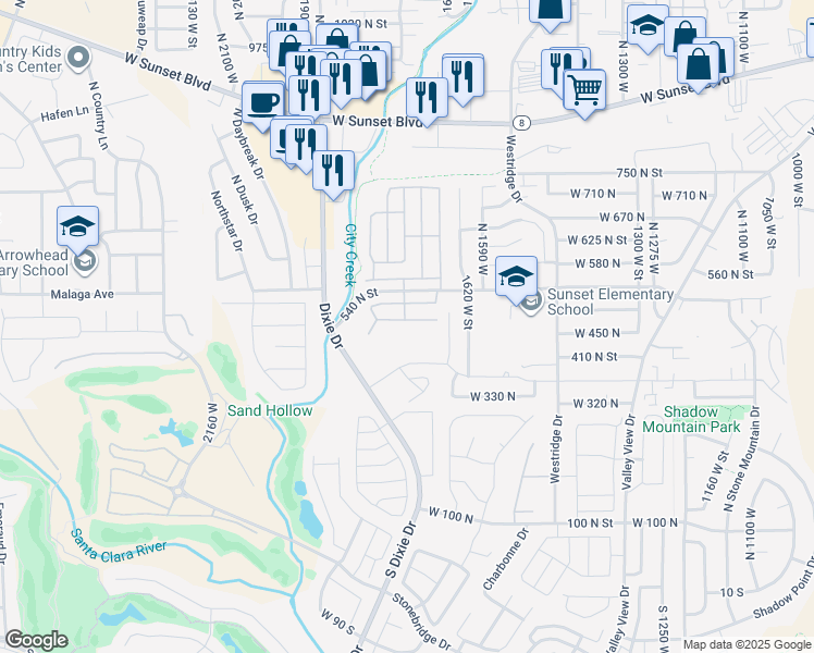 map of restaurants, bars, coffee shops, grocery stores, and more near 1735 West 540 North in St. George