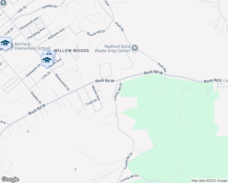 map of restaurants, bars, coffee shops, grocery stores, and more near 105 Lovely Mount Drive in Radford