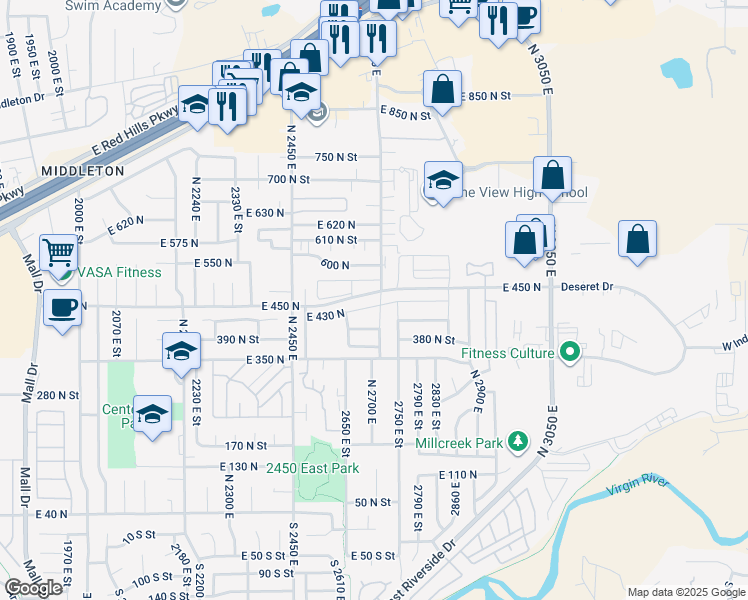 map of restaurants, bars, coffee shops, grocery stores, and more near 2713 East 430 North in St. George
