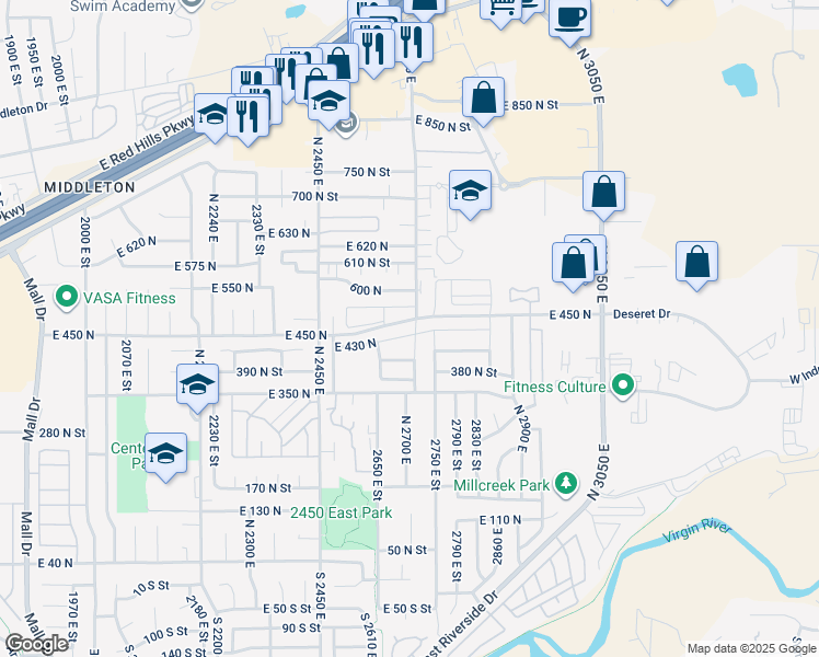 map of restaurants, bars, coffee shops, grocery stores, and more near 2713 East 430 North in St. George
