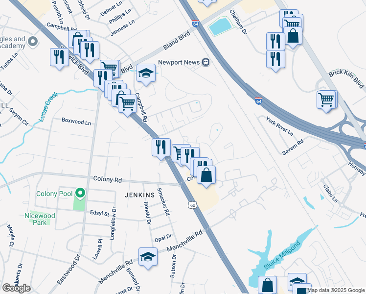 map of restaurants, bars, coffee shops, grocery stores, and more near 521 Colony Road in Newport News