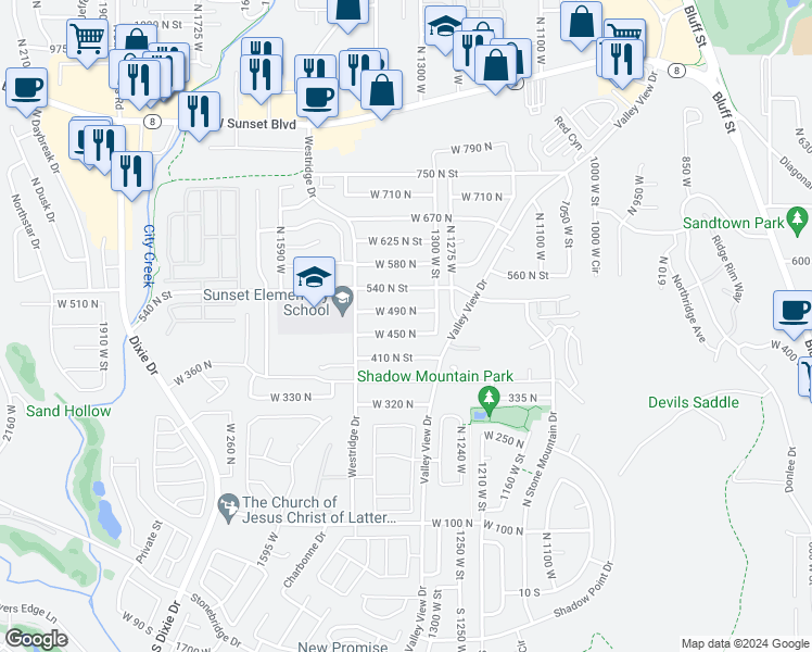 map of restaurants, bars, coffee shops, grocery stores, and more near 1356 West 450 North in St. George