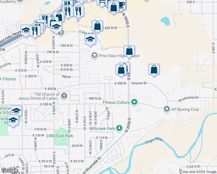 map of restaurants, bars, coffee shops, grocery stores, and more near 2930 East 450 North in St. George