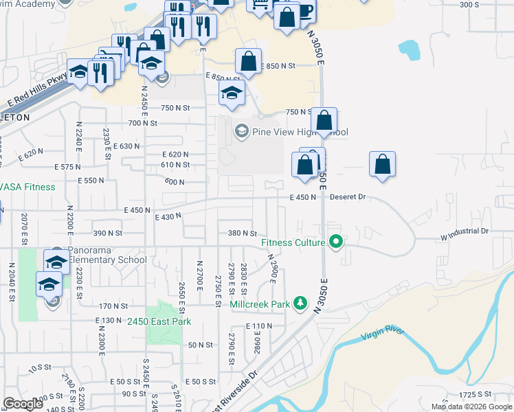 map of restaurants, bars, coffee shops, grocery stores, and more near 419 North 2900 East in St. George