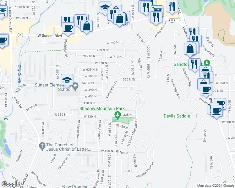 map of restaurants, bars, coffee shops, grocery stores, and more near 454 Valley View Drive in St. George
