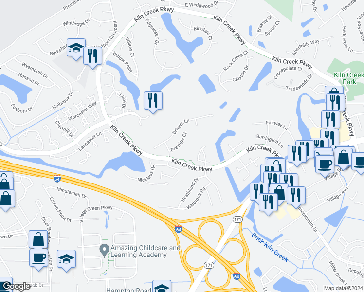 map of restaurants, bars, coffee shops, grocery stores, and more near 910 Prestige Court in Newport News