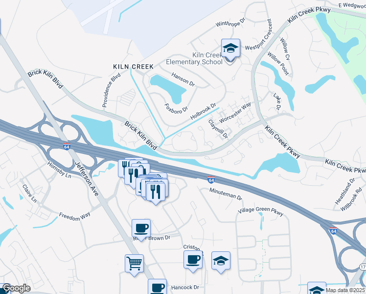 map of restaurants, bars, coffee shops, grocery stores, and more near 784 Windbrook Circle in Newport News