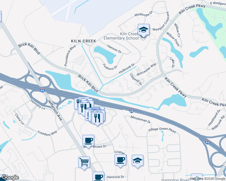 map of restaurants, bars, coffee shops, grocery stores, and more near 784 Windbrook Circle in Newport News