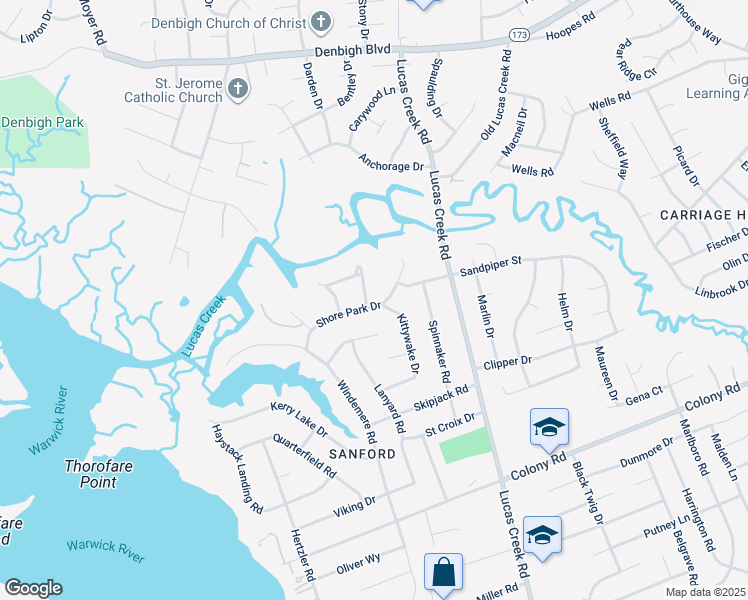 map of restaurants, bars, coffee shops, grocery stores, and more near 15 Shore Park Drive in Newport News