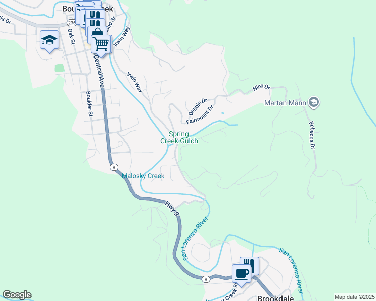 map of restaurants, bars, coffee shops, grocery stores, and more near 12470 Irwin Way in Boulder Creek