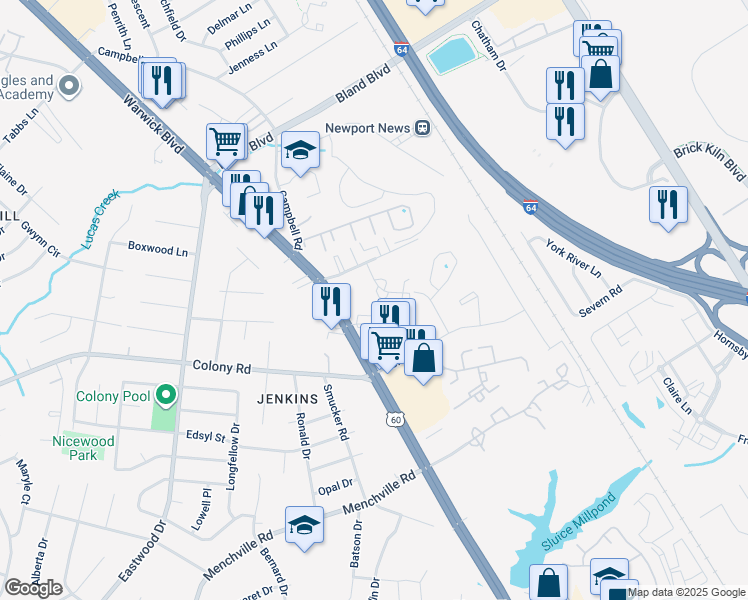 map of restaurants, bars, coffee shops, grocery stores, and more near 404 Savage Drive in Newport News