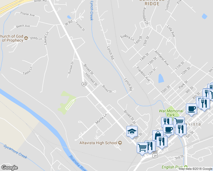 map of restaurants, bars, coffee shops, grocery stores, and more near 1305 Broad Street in Altavista