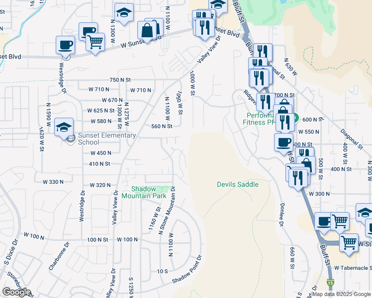 map of restaurants, bars, coffee shops, grocery stores, and more near 438 Stone Mountain Drive in St. George