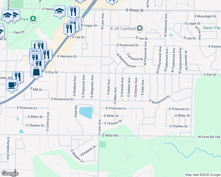 map of restaurants, bars, coffee shops, grocery stores, and more near 203 S Allen Dr in Republic