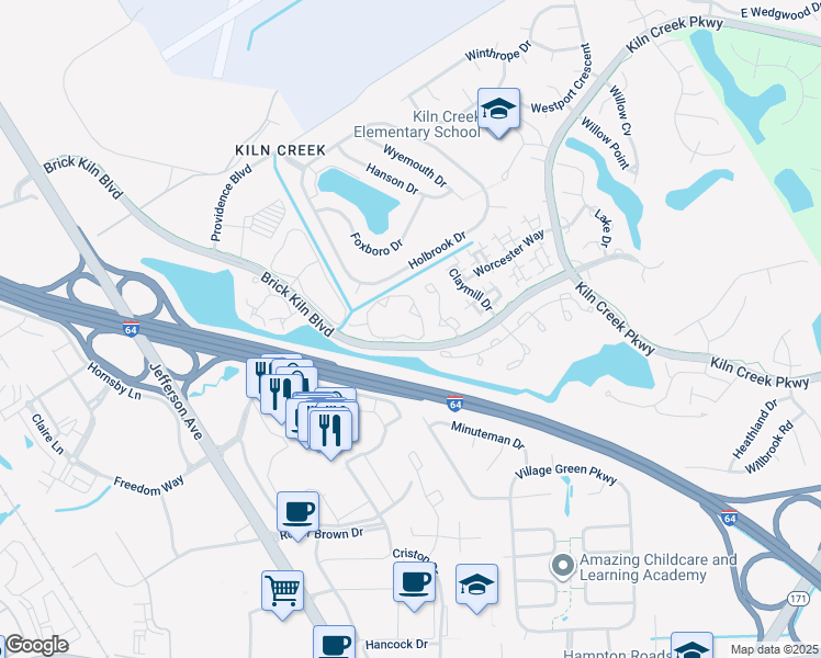 map of restaurants, bars, coffee shops, grocery stores, and more near 782 Windbrook Circle in Newport News