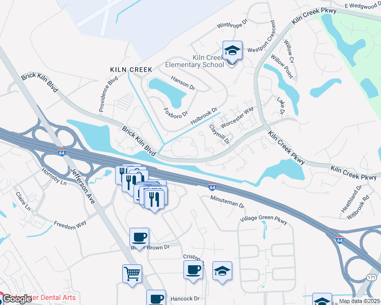 map of restaurants, bars, coffee shops, grocery stores, and more near 784 Windbrook Circle in Newport News