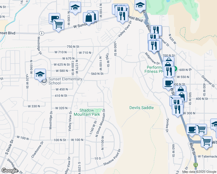 map of restaurants, bars, coffee shops, grocery stores, and more near 438 Stone Mountain Drive in St. George