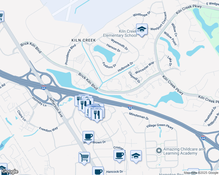 map of restaurants, bars, coffee shops, grocery stores, and more near 606 Windbrook Circle in Newport News