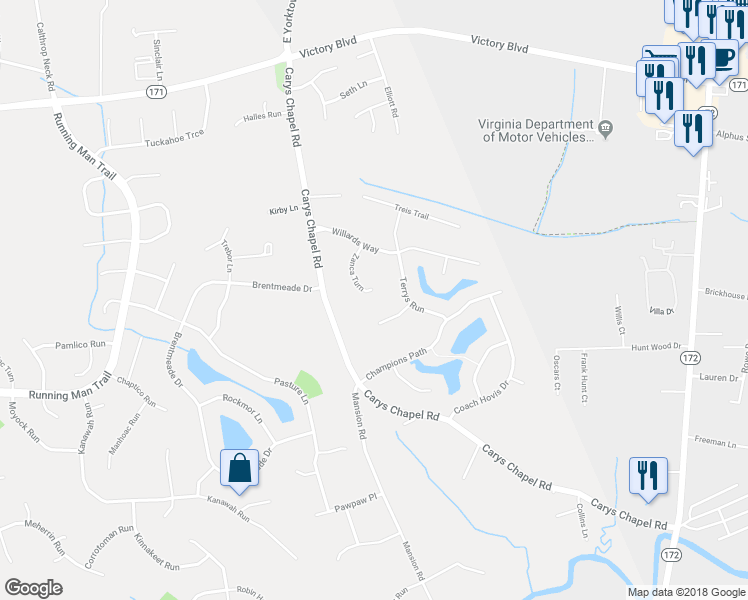 map of restaurants, bars, coffee shops, grocery stores, and more near 120 Zanca Turn in Yorktown