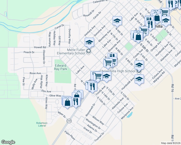 map of restaurants, bars, coffee shops, grocery stores, and more near 235 North 13th Street in Chowchilla