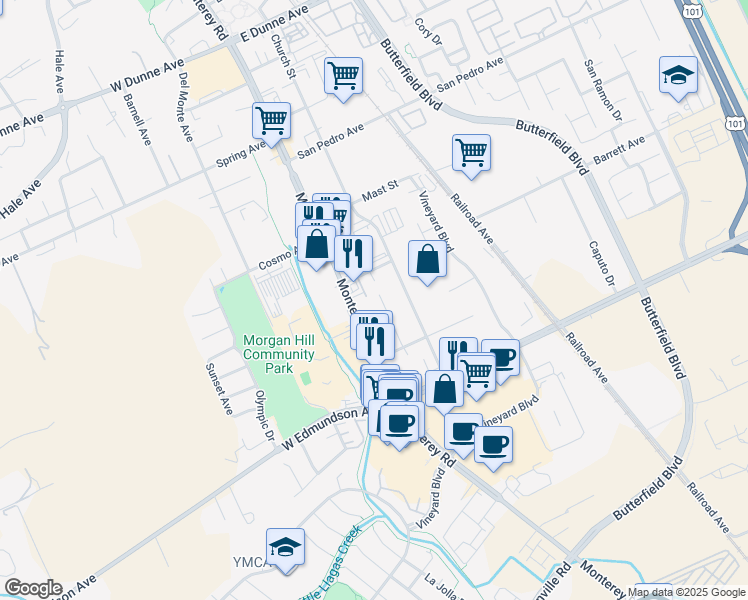 map of restaurants, bars, coffee shops, grocery stores, and more near 16235 Keith Way in Morgan Hill