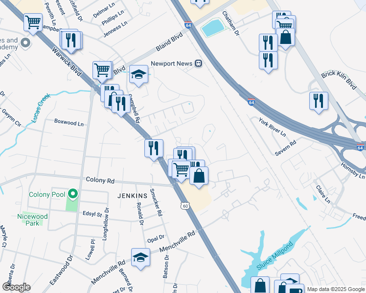 map of restaurants, bars, coffee shops, grocery stores, and more near 408 Savage Drive in Newport News