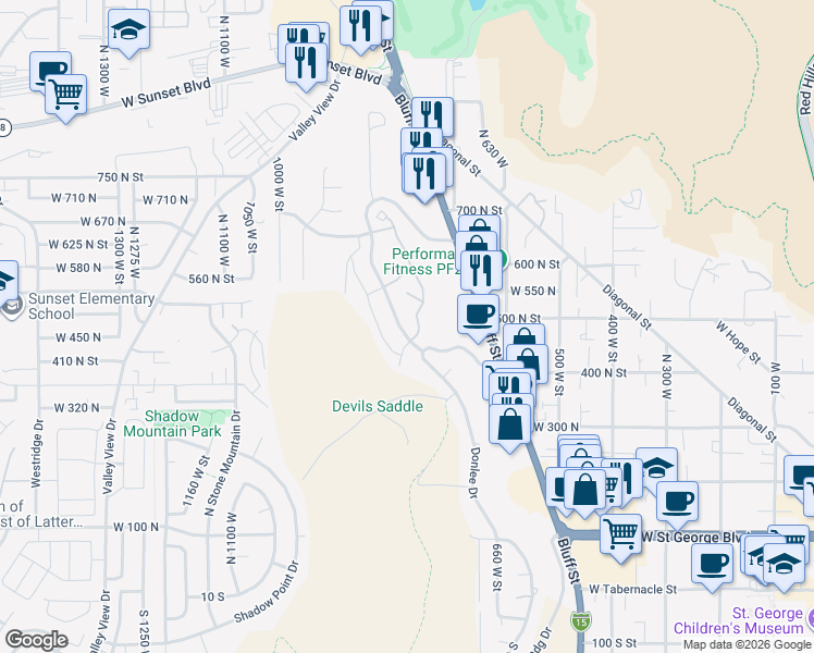 map of restaurants, bars, coffee shops, grocery stores, and more near 446 Ridgeview Drive in St. George