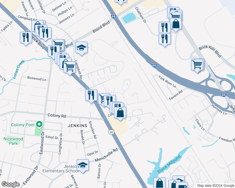 map of restaurants, bars, coffee shops, grocery stores, and more near 412 Savage Drive in Newport News