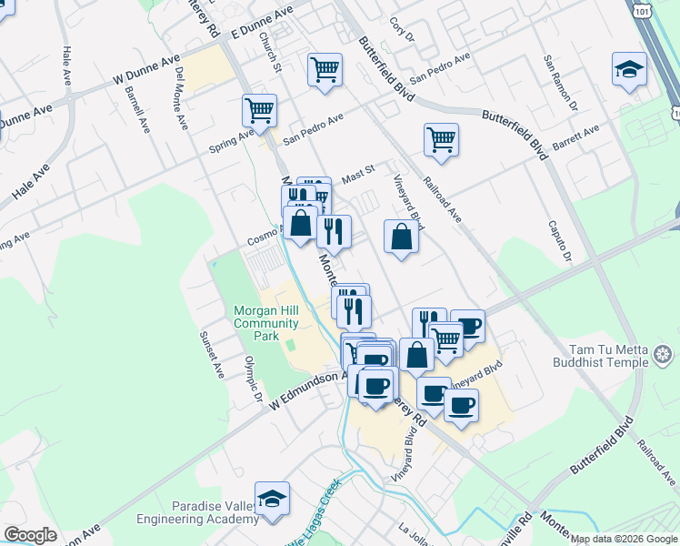 map of restaurants, bars, coffee shops, grocery stores, and more near 16270 Monterey Road in Morgan Hill