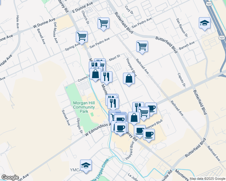 map of restaurants, bars, coffee shops, grocery stores, and more near 16210 Monterey Road in Morgan Hill