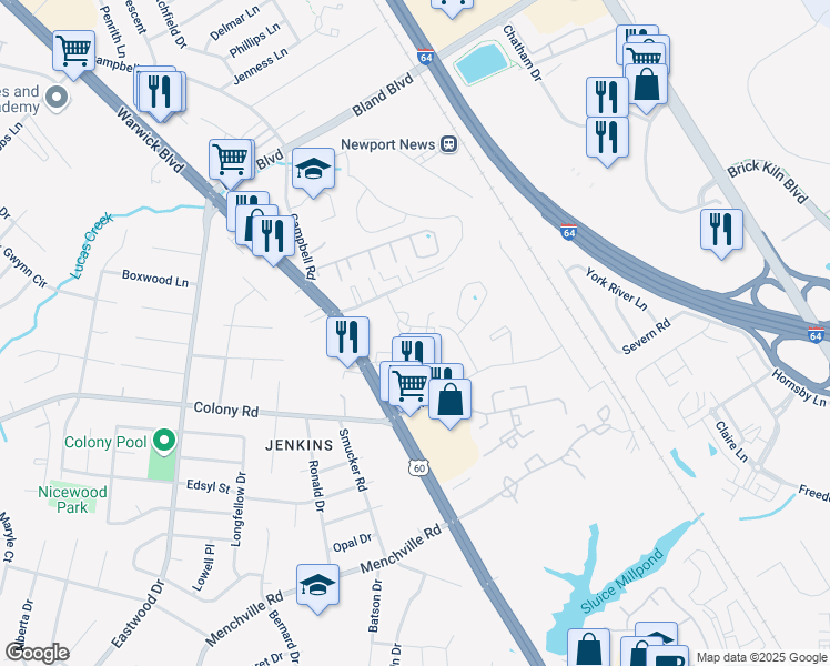 map of restaurants, bars, coffee shops, grocery stores, and more near 408 Savage Drive in Newport News