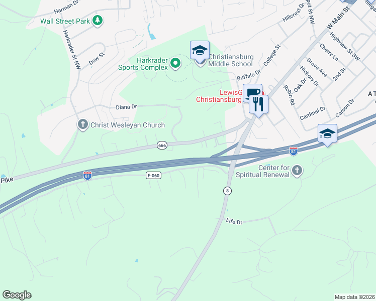 map of restaurants, bars, coffee shops, grocery stores, and more near Interstate 81 in Christiansburg