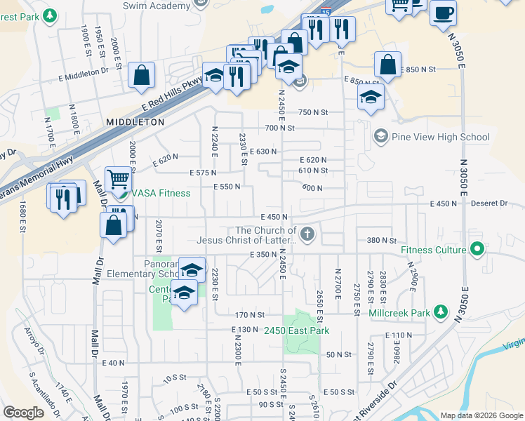 map of restaurants, bars, coffee shops, grocery stores, and more near 2392 East 480 North Circle in St. George