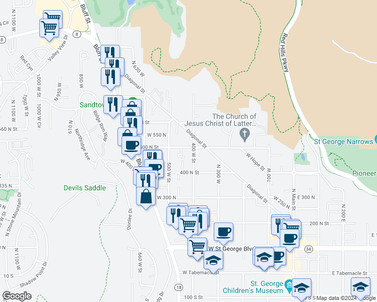 map of restaurants, bars, coffee shops, grocery stores, and more near 415 West 500 North in St. George