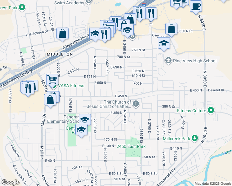 map of restaurants, bars, coffee shops, grocery stores, and more near 2392 East 480 North Circle in St. George