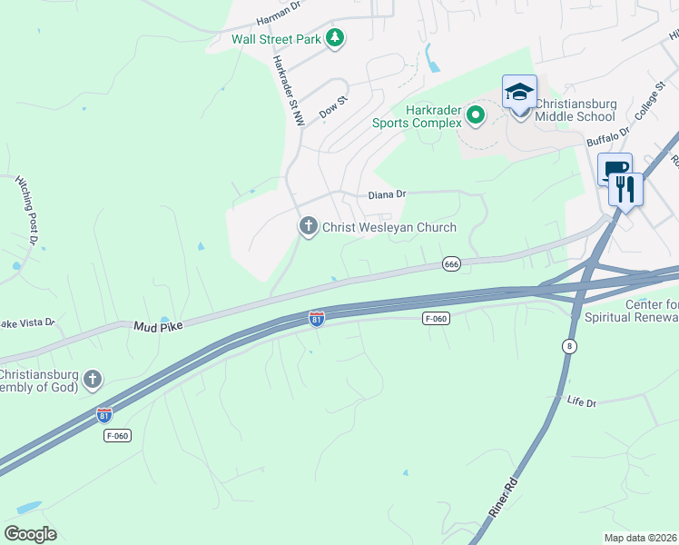 map of restaurants, bars, coffee shops, grocery stores, and more near 1645-1721 State Route 666 in Christiansburg