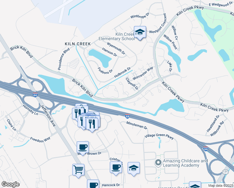 map of restaurants, bars, coffee shops, grocery stores, and more near 776 Windbrook Circle in Newport News