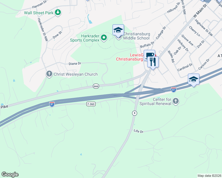 map of restaurants, bars, coffee shops, grocery stores, and more near Interstate 81 in Christiansburg