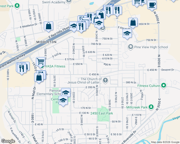 map of restaurants, bars, coffee shops, grocery stores, and more near 2392 East 480 North Circle in St. George