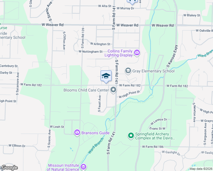 map of restaurants, bars, coffee shops, grocery stores, and more near 2102 West Farm Road 182 in Springfield