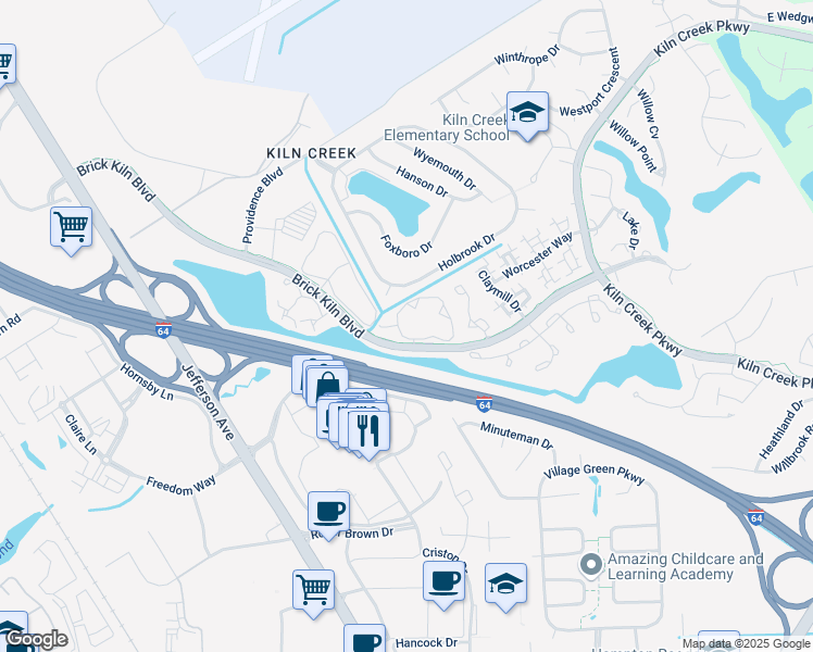 map of restaurants, bars, coffee shops, grocery stores, and more near 610 Windbrook Circle in Newport News