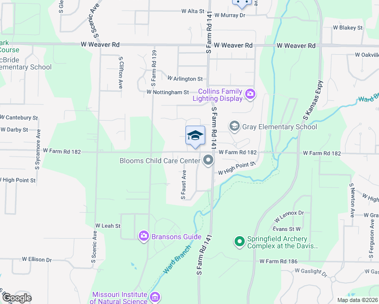 map of restaurants, bars, coffee shops, grocery stores, and more near 2102 West Farm Road 182 in Springfield