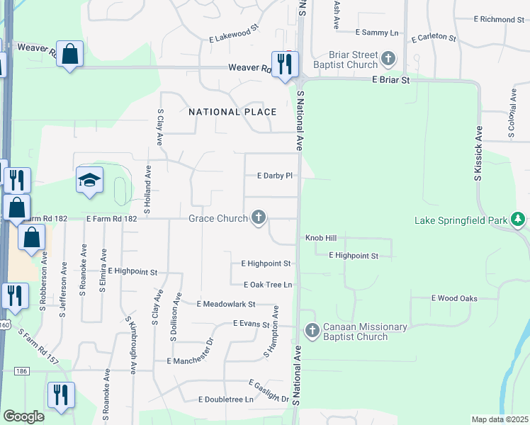 map of restaurants, bars, coffee shops, grocery stores, and more near 5412 South Hampton Avenue in Springfield