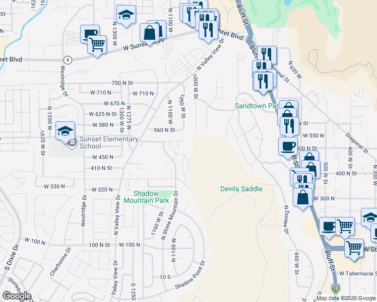 map of restaurants, bars, coffee shops, grocery stores, and more near 438 Stone Mountain Drive in St. George