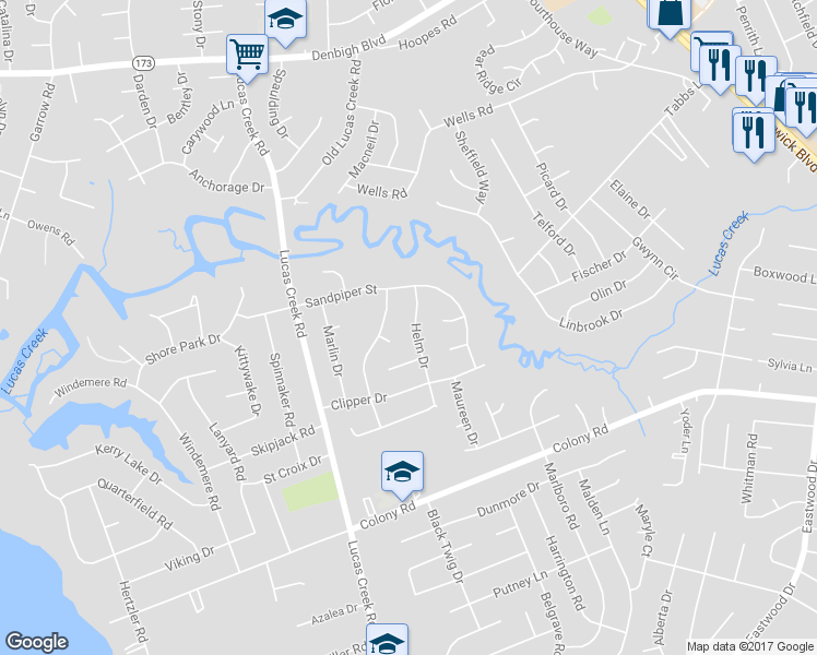 map of restaurants, bars, coffee shops, grocery stores, and more near 525 Helm Drive in Newport News