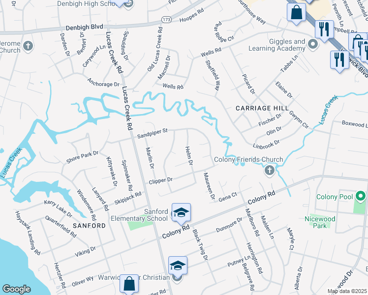 map of restaurants, bars, coffee shops, grocery stores, and more near 525 Helm Drive in Newport News